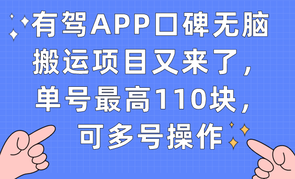 【副业项目7499期】有驾APP口碑无脑搬运项目又来了，单号最高110块，可多号操作-悠闲副业网