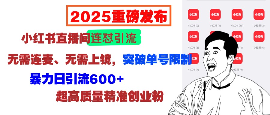 2025重磅发布：小红书直播间连怼引流，无需连麦、无需上镜，突破单号限制，暴力日引流600+超高质量精准创业粉-悠闲副业网